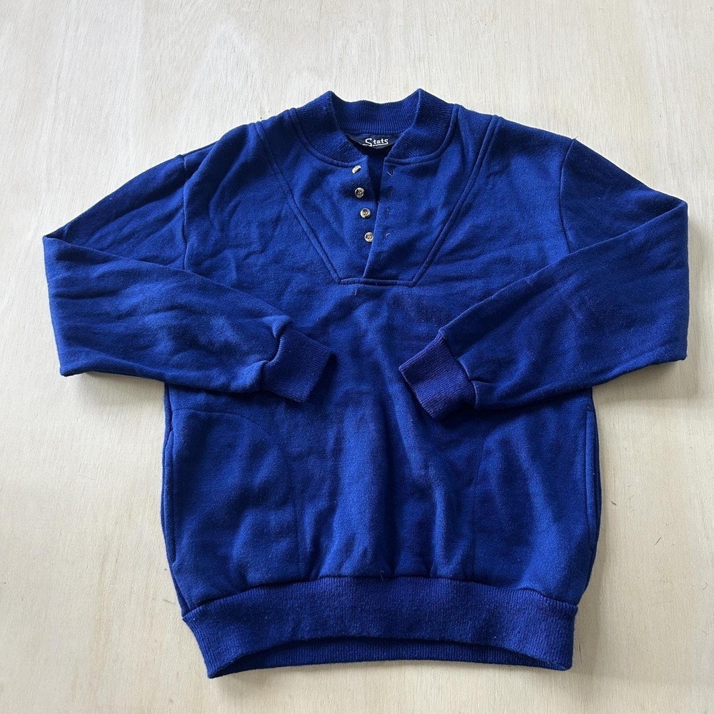 Vintage Stats Sweater Mens Large Blue Henley Knit Pullover Acrylic Taiwan 80s